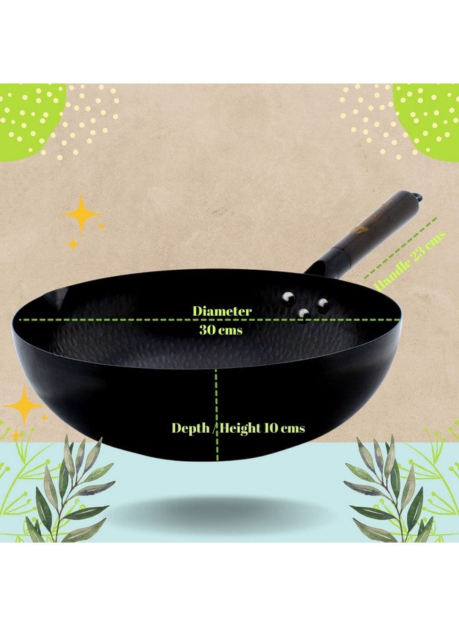 TRILONIUM Carbon Steel Chinese Wok 30 cms, Capacity 4.75 litres | Hammered and Pre-Seasoned - Image 2