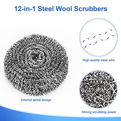 ovwo 12Pack Upgraded Steel Wool Scrubbers - Premium Stainless Steel Scrubber, Metal Scouring Pads, Steel Wool Pads, Kitchen Cleaner, Heavy Duty Cleaning Supplies - Especially for Tough Cleaning - Image 2