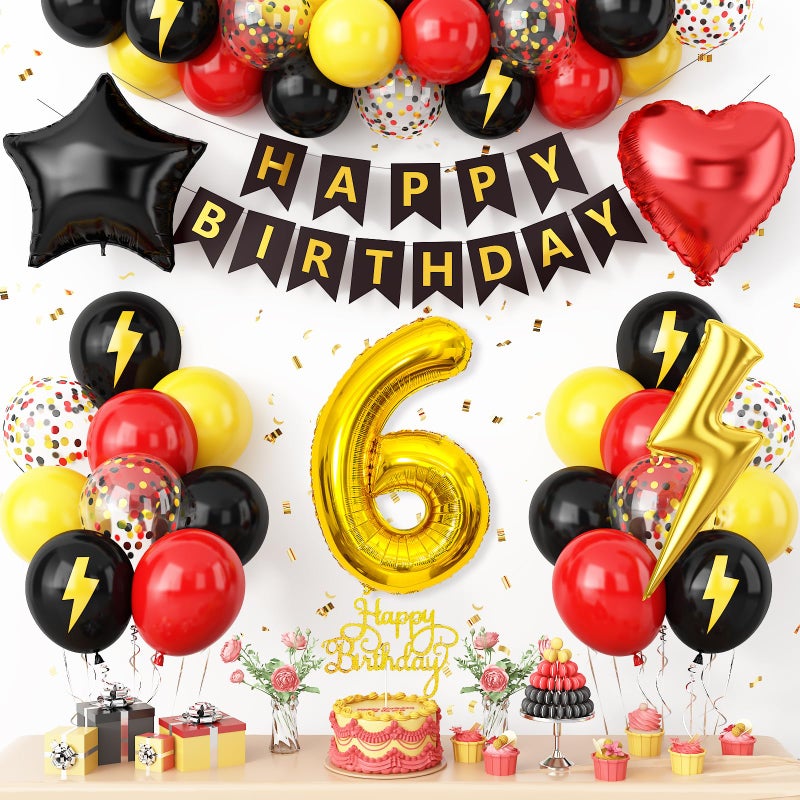 Vibzox 6th Birthday Decorations for Boys,Red Black Yellow Birthday Balloon Kids Printed Number 6 Balloons Banner Cake Topper Boy Girls 6 Year Old Party Decor - Image 1