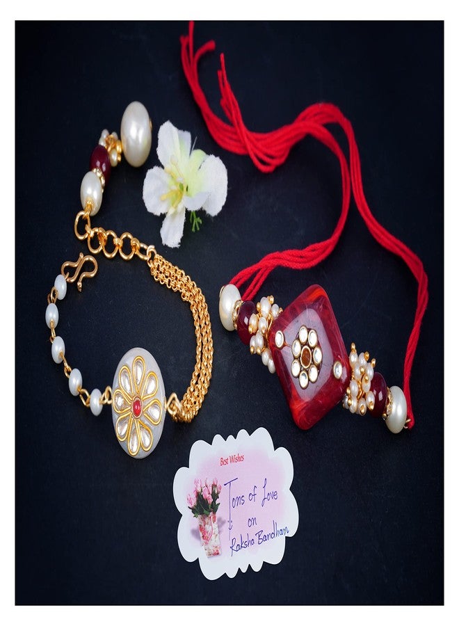 JFL Unisex Adult - Jewellery for Less Handmade Kundan Red Stone Rakhi for Brother, Combo Kundan White Stone Couple Pair Rakhi Set Bhaiya Bhabhi Raksha Bandhan with Hand Written Greeting Note. - Image 3