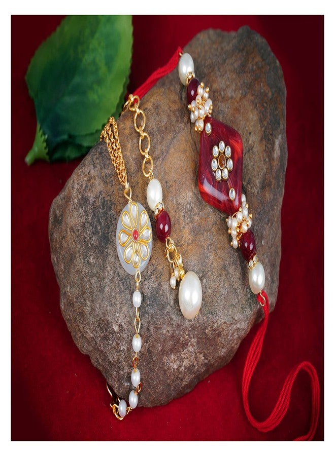 JFL Unisex Adult - Jewellery for Less Handmade Kundan Red Stone Rakhi for Brother, Combo Kundan White Stone Couple Pair Rakhi Set Bhaiya Bhabhi Raksha Bandhan with Hand Written Greeting Note. - Image 2