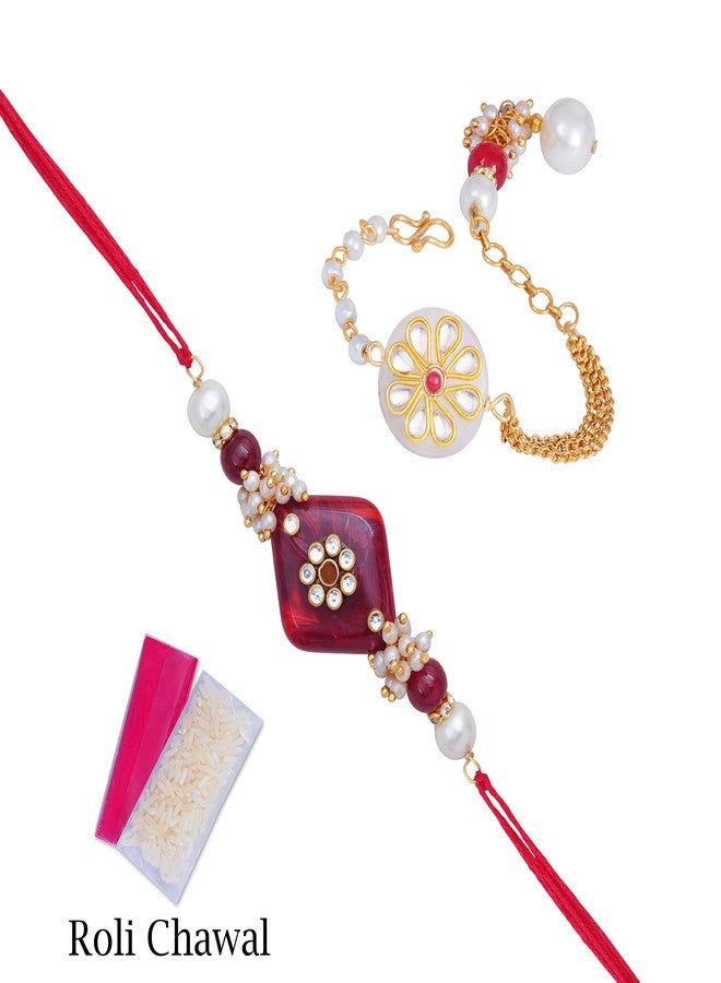 JFL Unisex Adult - Jewellery for Less Handmade Kundan Red Stone Rakhi for Brother, Combo Kundan White Stone Couple Pair Rakhi Set Bhaiya Bhabhi Raksha Bandhan with Hand Written Greeting Note. - Image 4