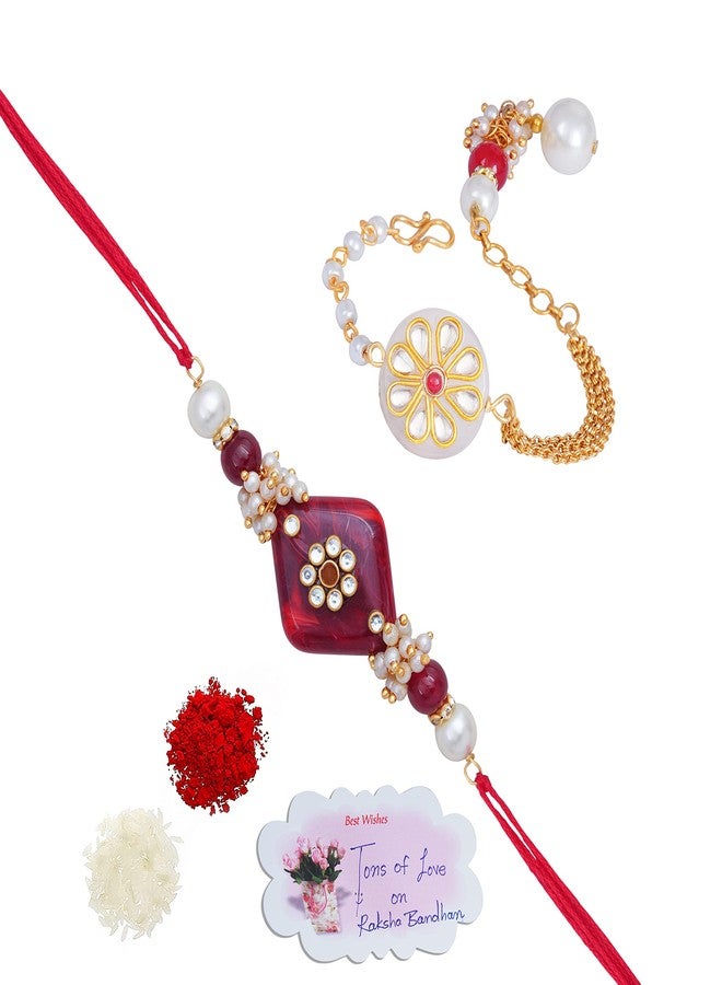 JFL Unisex Adult - Jewellery for Less Handmade Kundan Red Stone Rakhi for Brother, Combo Kundan White Stone Couple Pair Rakhi Set Bhaiya Bhabhi Raksha Bandhan with Hand Written Greeting Note. - Image 1