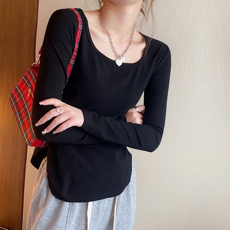 Irregular Long-sleeved T-shirt Women's Spring and Autumn Curved Hem Design Sense Tight Base Shirt with Short Square Collar Inner Top - Image 2