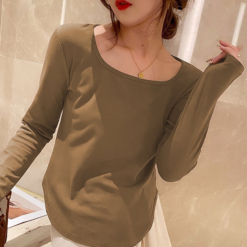 Irregular Long-sleeved T-shirt Women's Spring and Autumn Curved Hem Design Sense Tight Base Shirt with Short Square Collar Inner Top - Image 5