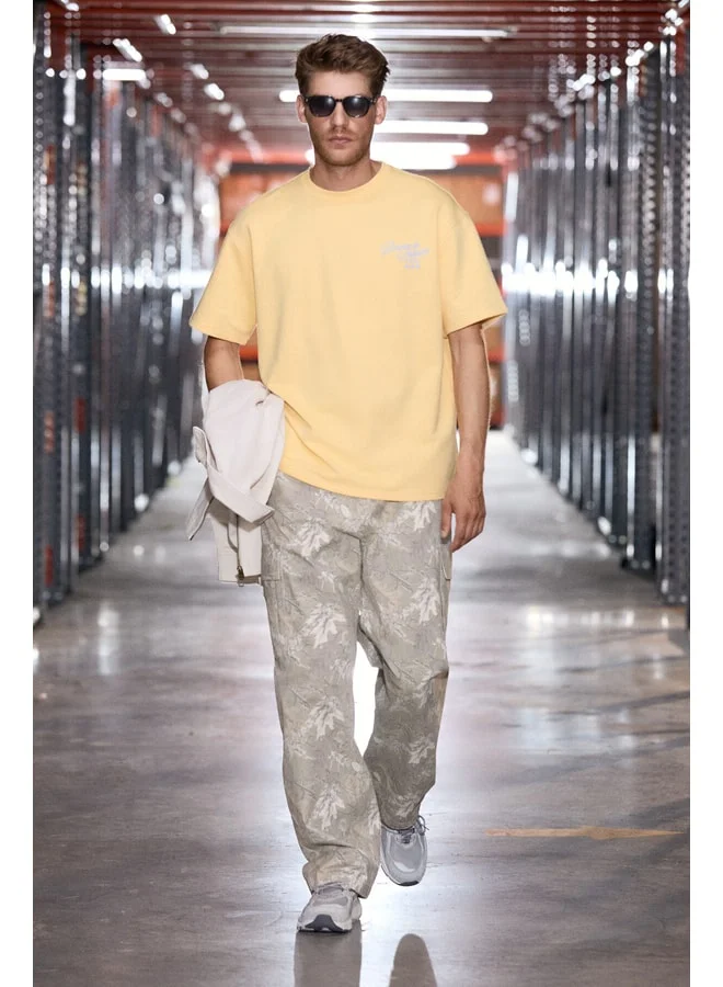GRIMELANGE DUKI Men's Crew Neck Organic Cotton Printed Oversized Yellow T-Shirt.
