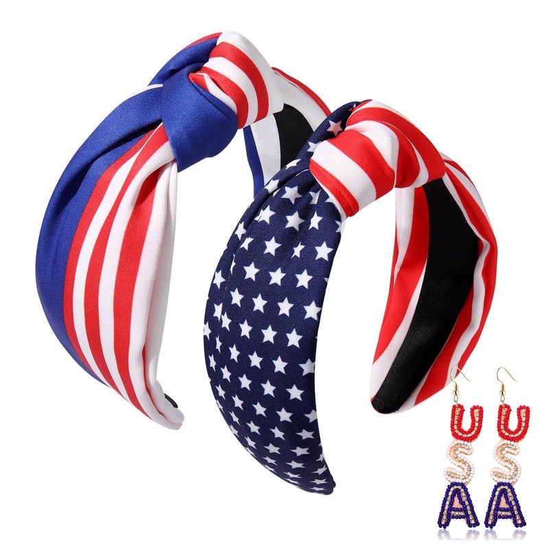 American Flag Knotted Headbands for Women 4th of July Patriotic Hairbands Stars Stripes Independence Day Headpiece Red White Blue Wide Top Knot Hair Hoop