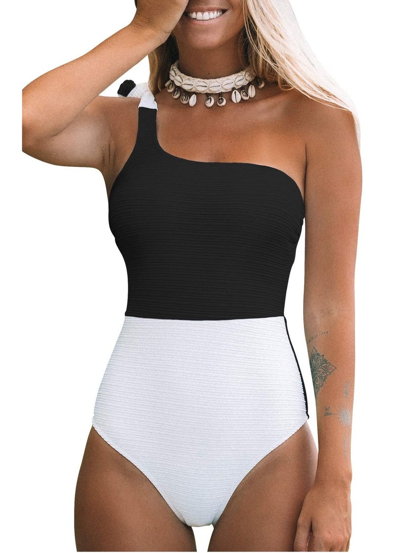 KASTWAVE Women Swimming Suit, One Piece Swimming Suit Slim Swimwear Bathing Suit UV Sun Protection Surfing Swimming Suit Swimsuit Colorblock One-Shoulder Bow Swimsuit - Image 1