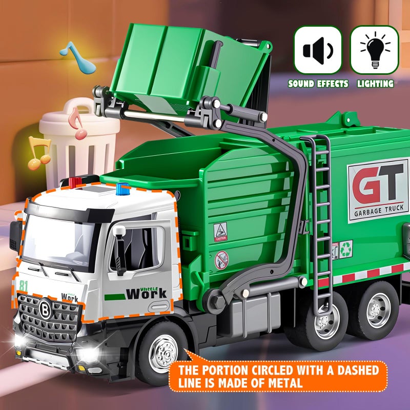 HAPYAD Garbage Truck Toys Metal Cab, Realistic Trash Truck Toys for Boys Kids with Lights and Sounds, Friction Powered Recycling Vehicles, Front Loader with Dumpster, 4 Trash Bins, 12" - Image 4