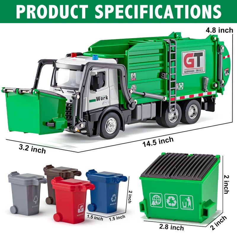 HAPYAD Garbage Truck Toys Metal Cab, Realistic Trash Truck Toys for Boys Kids with Lights and Sounds, Friction Powered Recycling Vehicles, Front Loader with Dumpster, 4 Trash Bins, 12" - Image 5