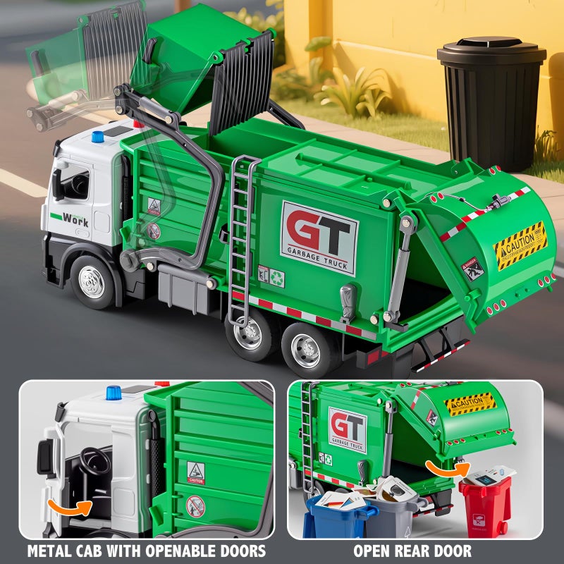 HAPYAD Garbage Truck Toys Metal Cab, Realistic Trash Truck Toys for Boys Kids with Lights and Sounds, Friction Powered Recycling Vehicles, Front Loader with Dumpster, 4 Trash Bins, 12" - Image 3