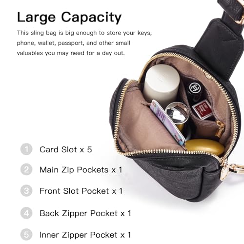 Telena Small Sling Bag for Women Leather Crossbody Fanny Packs Chest Bag for Women Black - Image 3