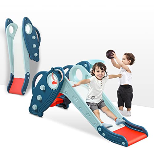 Onasti Kids Slide for Toddlers Age 13 Indoor Baby Plastic Slide Outdoor Climber Freestanding Playset with Basketball Hoop Ring Game Blue - Image 1