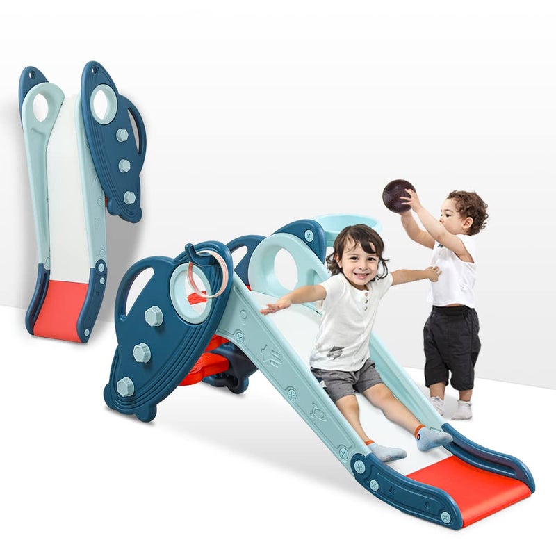 Onasti Kids Slide for Toddlers Age 13 Indoor Baby Plastic Slide Outdoor Climber Freestanding Playset with Basketball Hoop Ring Game Blue - Image 2