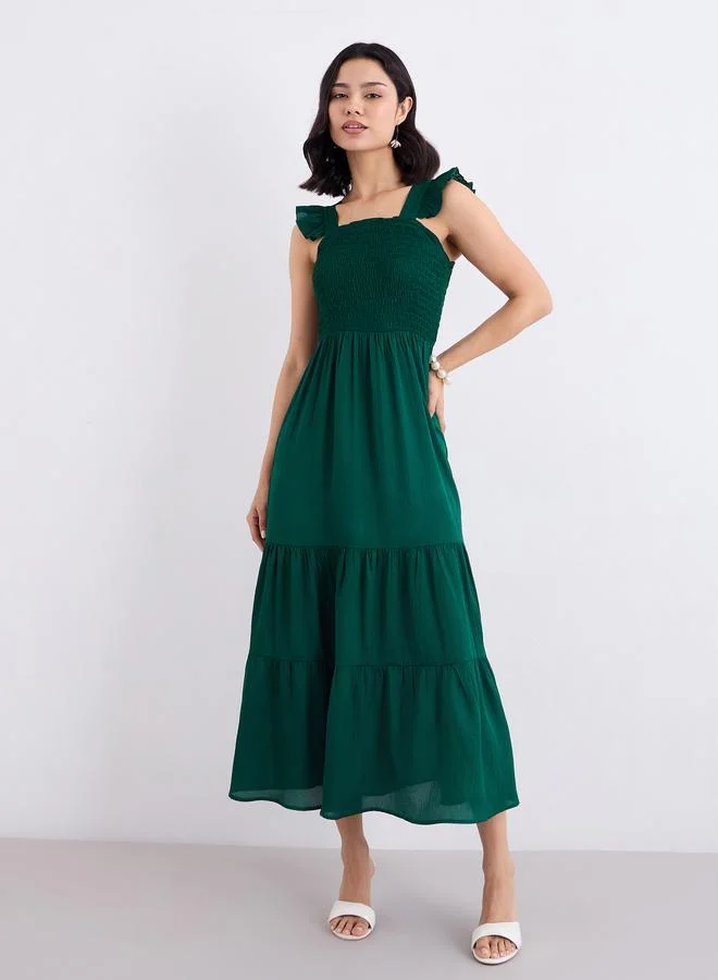 Styli Styli Green Ruffled Sleeves Smocked Maxi Dress