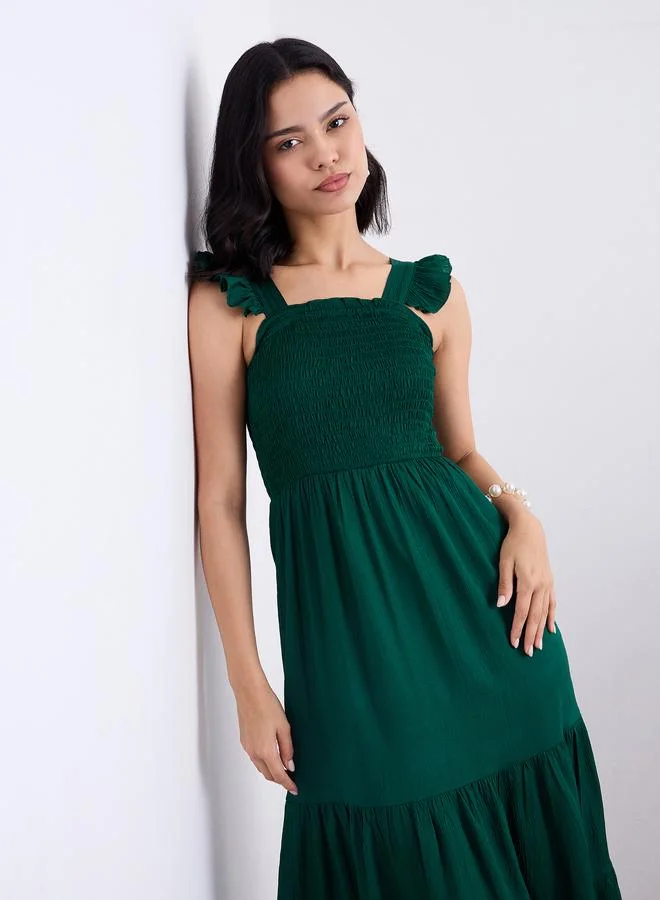 Styli Styli Green Ruffled Sleeves Smocked Maxi Dress
