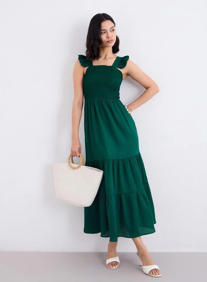 Styli Styli Green Ruffled Sleeves Smocked Maxi Dress