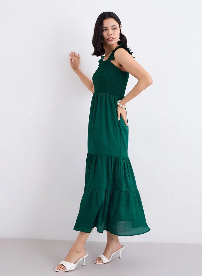 Styli Styli Green Ruffled Sleeves Smocked Maxi Dress