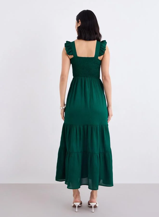 Styli Styli Green Ruffled Sleeves Smocked Maxi Dress