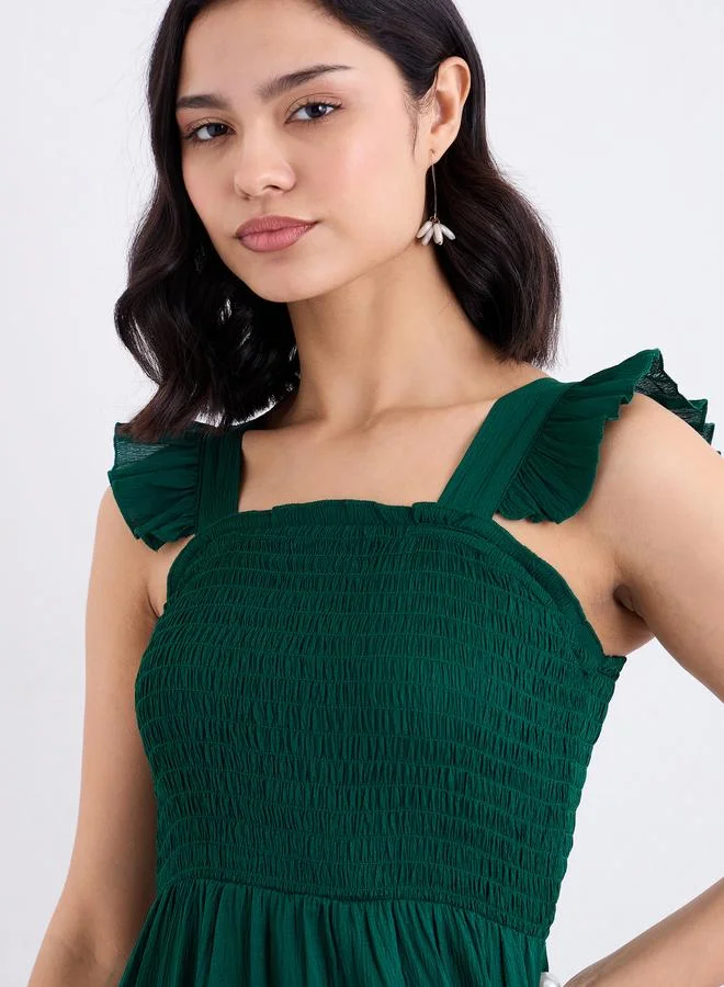Styli Styli Green Ruffled Sleeves Smocked Maxi Dress