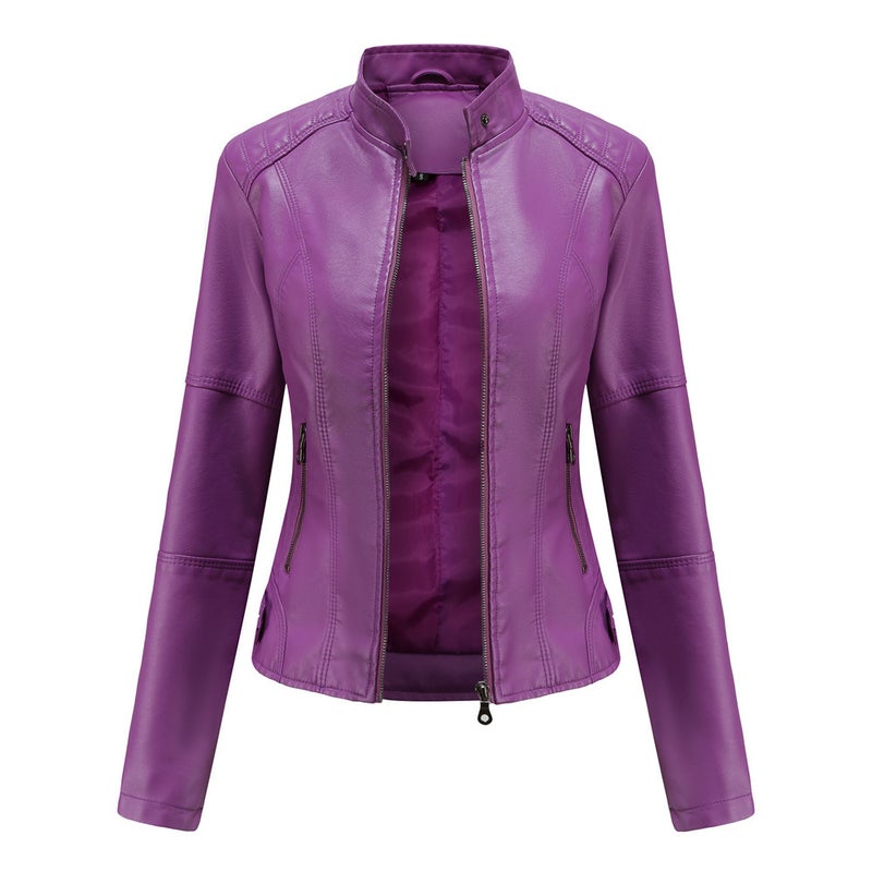 Women's Slim Fit PU Faux Leather Biker Jacket with Stand Collar and Zip Front, Lightweight Spring Autumn Coat - Image 1