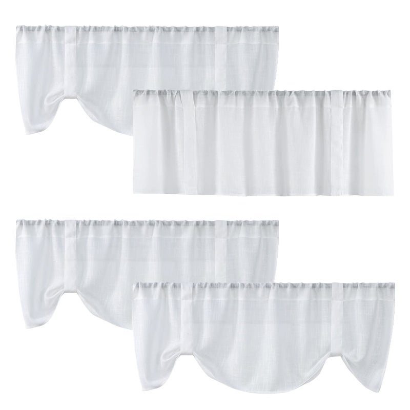Home Queen White Semi Sheer Tie Up Curtain Valances  Linen Textured  Rod Pocket Balloon Window Topper for Living Room  54 X 20 Inch  4 Pieces - Image 1