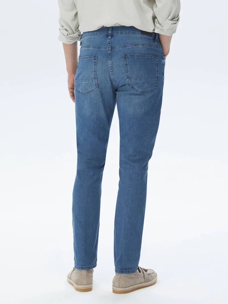 Kip Navy Blue Slim Fit Denim Cotton Blend Trousers