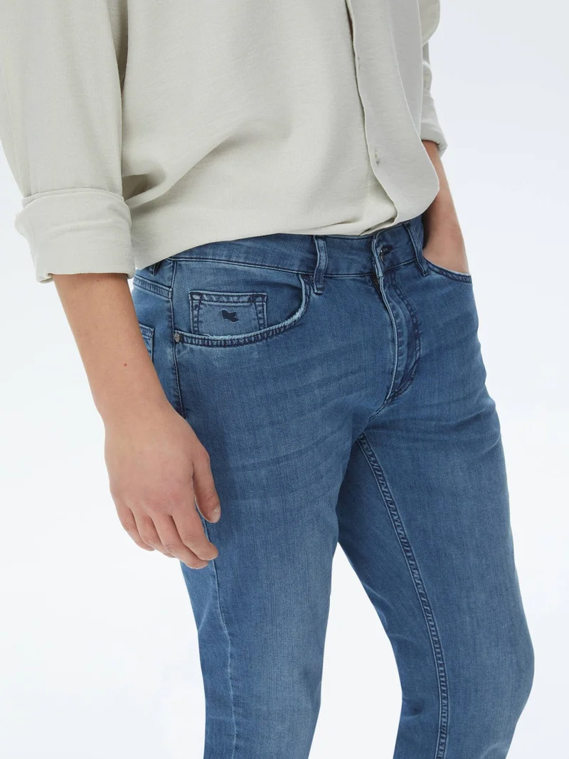 Kip Navy Blue Slim Fit Denim Cotton Blend Trousers