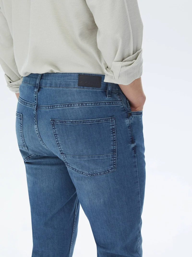 Kip Navy Blue Slim Fit Denim Cotton Blend Trousers