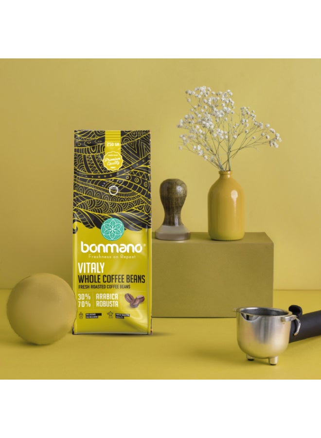 Bonmano حبوب قهوة بونمانو فيتالي الكاملة المحمصة الطازجة 30% أرابيكا 70% روبوستا - 250 جرام - Image 5
