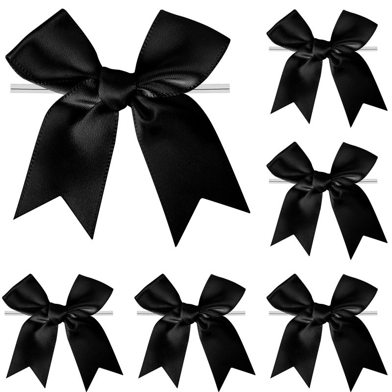 comosso Twist Tie Bows, Satin Ribbon Bows - 3 Inches, 50-Pack for Treat Bags Gift Wrapping Basket Crafts Wedding Baby Shower Brithday Christmas Party Decorations (Black) - Image 1