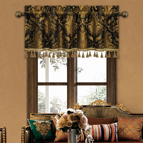 Loom and Mill Luxury Valances for Living Room Window, Classic Damask Jacquard Chenille Window Treatment Valances with Tassels, Rod Pocket Blackout Short Curtain 1 Panel,Halloween Decor(54”x18”, Black) - Image 1