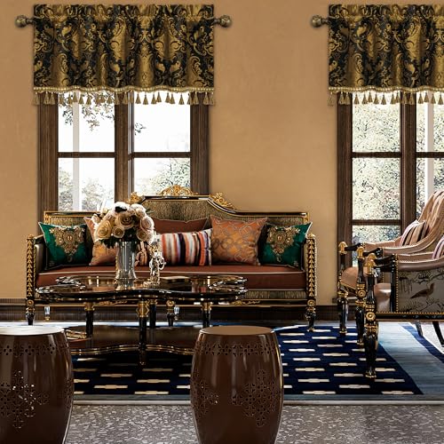 Loom and Mill Luxury Valances for Living Room Window, Classic Damask Jacquard Chenille Window Treatment Valances with Tassels, Rod Pocket Blackout Short Curtain 1 Panel,Halloween Decor(54”x18”, Black) - Image 2