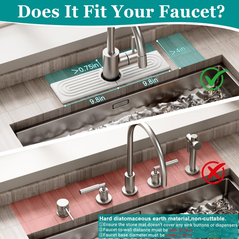 MAGKOTA Stone Faucet Mat for Kitchen Sink - Quick Dry Diatomite Sink Splash Guard, Prevents Moisture Buildup & Water Stains, Water Absorbing Stone Tray for Bathroom Countertop (White, 20" x 4") - Image 2