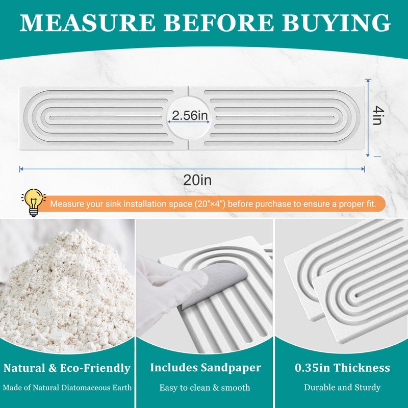 MAGKOTA Stone Faucet Mat for Kitchen Sink - Quick Dry Diatomite Sink Splash Guard, Prevents Moisture Buildup & Water Stains, Water Absorbing Stone Tray for Bathroom Countertop (White, 20" x 4") - Image 3