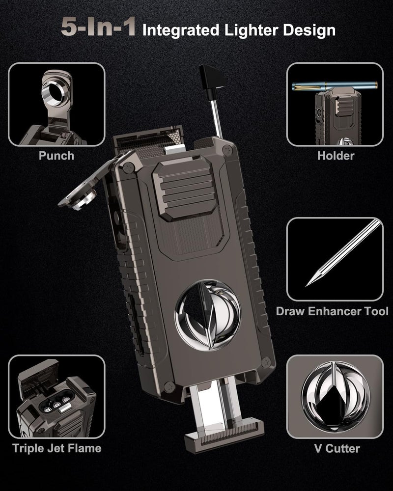 GESPERT 5-in-1 Multi-Functional Torch Lighter, Cutter and Punch, Needle, Holder, Luxury Gifts for Men Butane Refillable Windproof Lighter for Travel Black (Butane Gas not Included) - Image 2