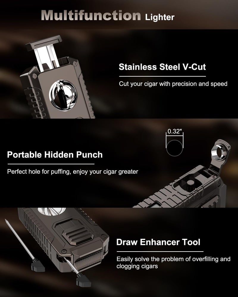 GESPERT 5-in-1 Multi-Functional Torch Lighter, Cutter and Punch, Needle, Holder, Luxury Gifts for Men Butane Refillable Windproof Lighter for Travel Black (Butane Gas not Included) - Image 4
