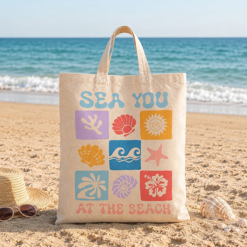 شنطة قماش كانفاس حريمي بطبعة "Sea You At The Beach" بأشكال بحرية ملوّنة، حقيبة صديقة للبيئة قابلة لإعادة الاستخدام للبحر والتسوق، مقاس كبير 30×40 سم - Image 2
