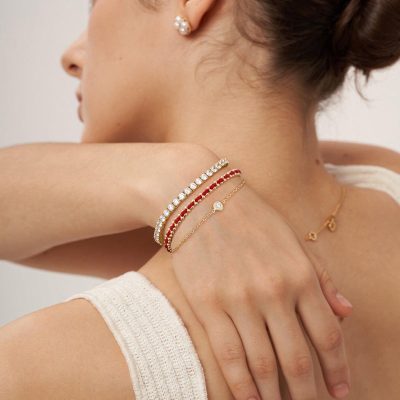 KissYan Gold Bracelet for Women, Layered Sports Stack Bracelet, 14K Gold Plated Link Bracelet, Athletic Handmade Giftï¼ˆRed - Image 3