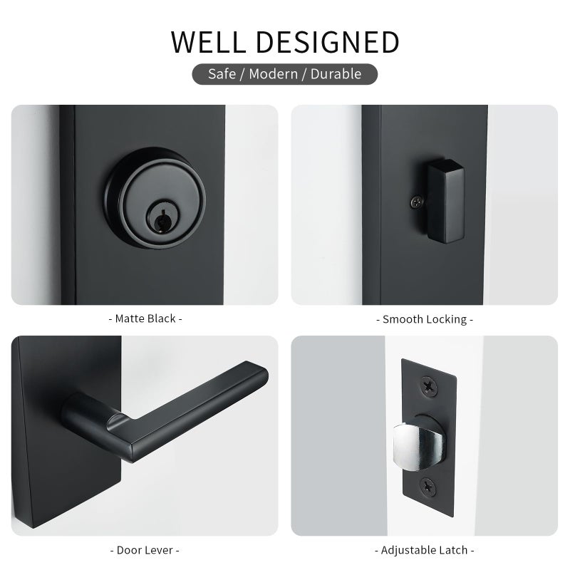 SNBTLA Matte-Black Front Door Handle - Modern Entry Door Lock Set with Deadbolt,Exterior Door Lever 3 Keys for Left & Right Hand Door (Black) - Image 3