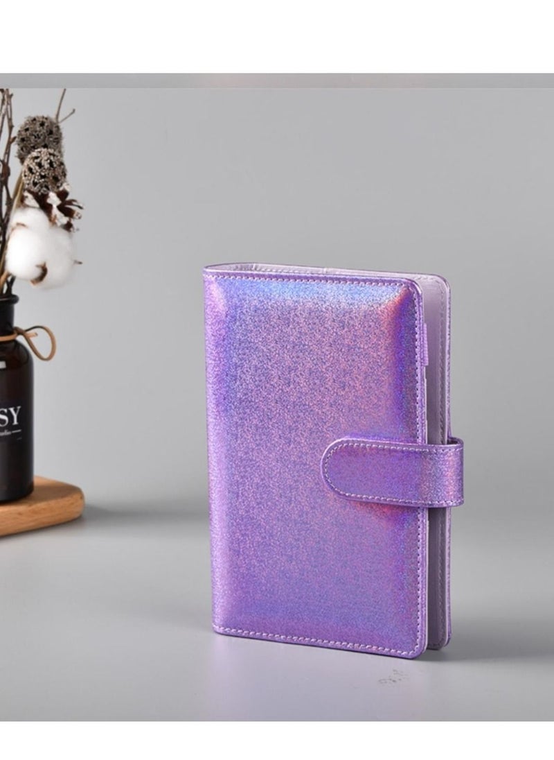 Generic Binder A6 Paper Leather Flip Card & Cash Wallet with 6 A6 Filling Paper Loops Blank Cover with Magnetic Snap Closure, Purple Glitter  - Image 1