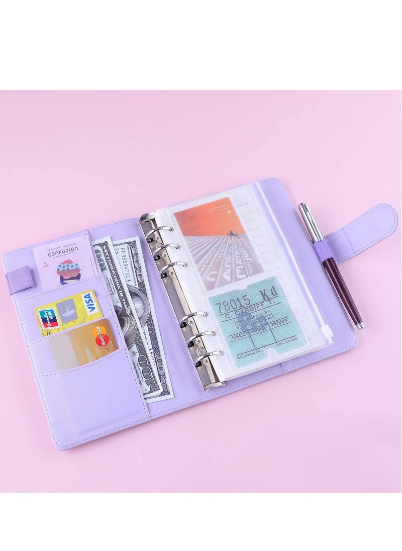 Generic Binder A6 Paper Leather Flip Card & Cash Wallet with 6 A6 Filling Paper Loops Blank Cover with Magnetic Snap Closure, Purple Glitter  - Image 4