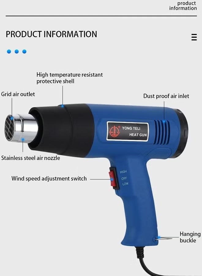 Classic Corded Electric Heat Gun, 1500W Heavy Duty Hot Air Gun, 2 Modes Adjustable For Paint Stripping, Shrink Wrapping, Bbq. Charcoal Heating, Soldering, Tube Bending, Protection. - Image 4