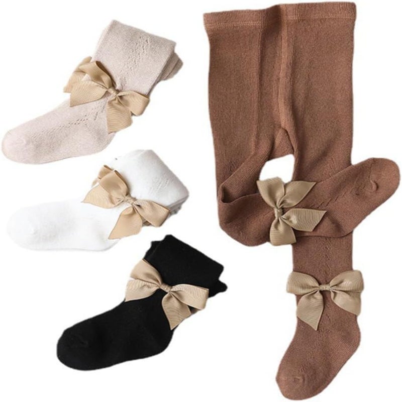 Baby Tights: 3 Pack Cotton Cable Knit Soft Stretch Bow Tights - Comfortable Seamless Toddler Tights for Baby Girls, Toddlers and Young Kids - Image 1