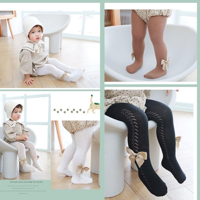 Baby Tights: 3 Pack Cotton Cable Knit Soft Stretch Bow Tights - Comfortable Seamless Toddler Tights for Baby Girls, Toddlers and Young Kids - Image 5