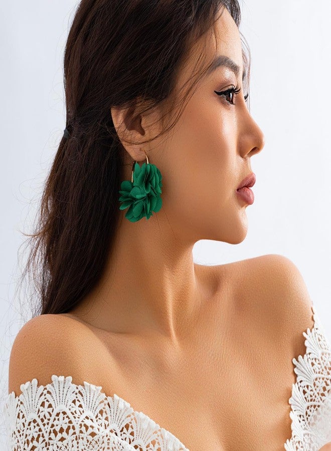 DATOA Boho Camellia Huggie Earrings Beach Large Colorful Flower Hoop Earrings Statement White Floral Hoop Earrings Elegant Jewelry for Women - Green - Image 2