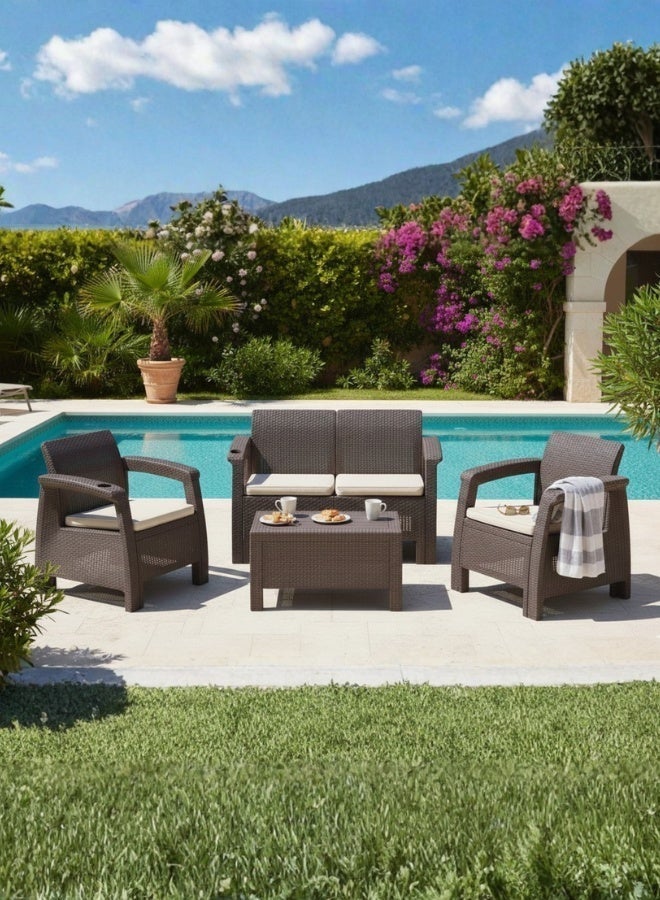 Marcolo 4-Seater Outdoor Sofa Set – Dark Brown Plastic Seating with Seat Cushions & Coffee Table, Weather-Resistant Patio & Garden Furniture with Built-In Cup Holders - Image 1