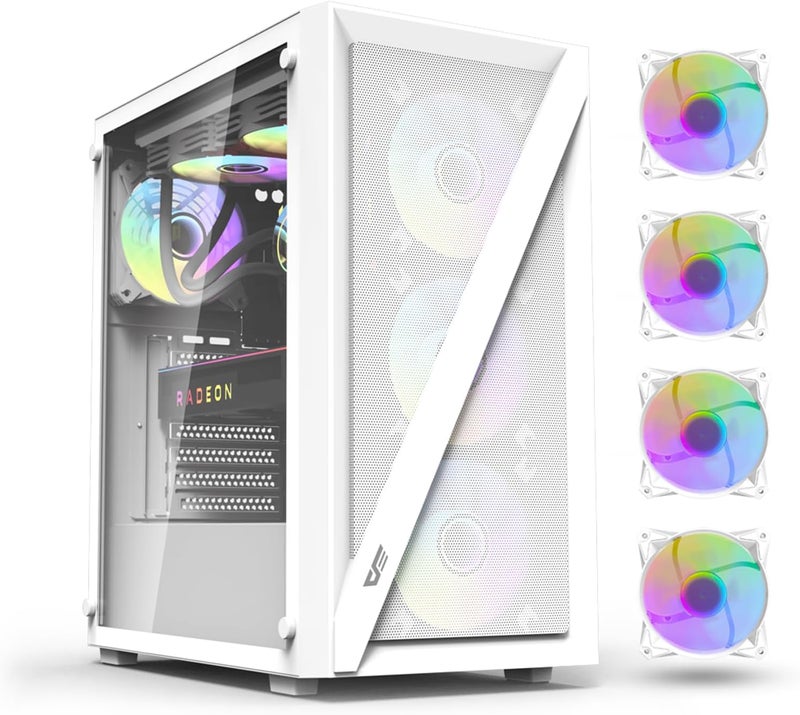 علبة كمبيوتر DarkFlash DK260 Air Mesh متوسطة البرج، علبة ألعاب PC تدعم ATX M-ATX ITX، مع 4 مراوح ARGB مثبتة مسبقًا، مشعاع 360 مم، دعم 6 مراوح، فولاذ وزجاج مقسى، دعم بطاقة الرسوميات