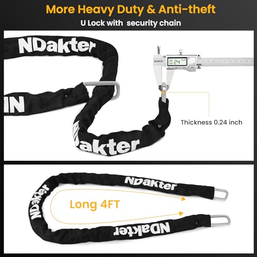 NDakter Bike Locks Heavy Duty Anti Theft, Bike U Lock with 4FT Chain and Bracket,15mm Shackle Electric Bicycle Lock for Scooter, 3 Keys Motorcycle Wheel Lock for Ebike, Moped, Tricycle - Image 3