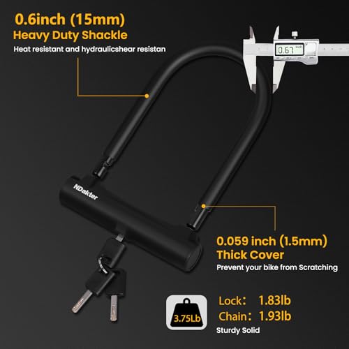 NDakter Bike Locks Heavy Duty Anti Theft, Bike U Lock with 4FT Chain and Bracket,15mm Shackle Electric Bicycle Lock for Scooter, 3 Keys Motorcycle Wheel Lock for Ebike, Moped, Tricycle - Image 2